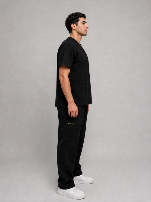 Black Cotton-Linen V-Neck