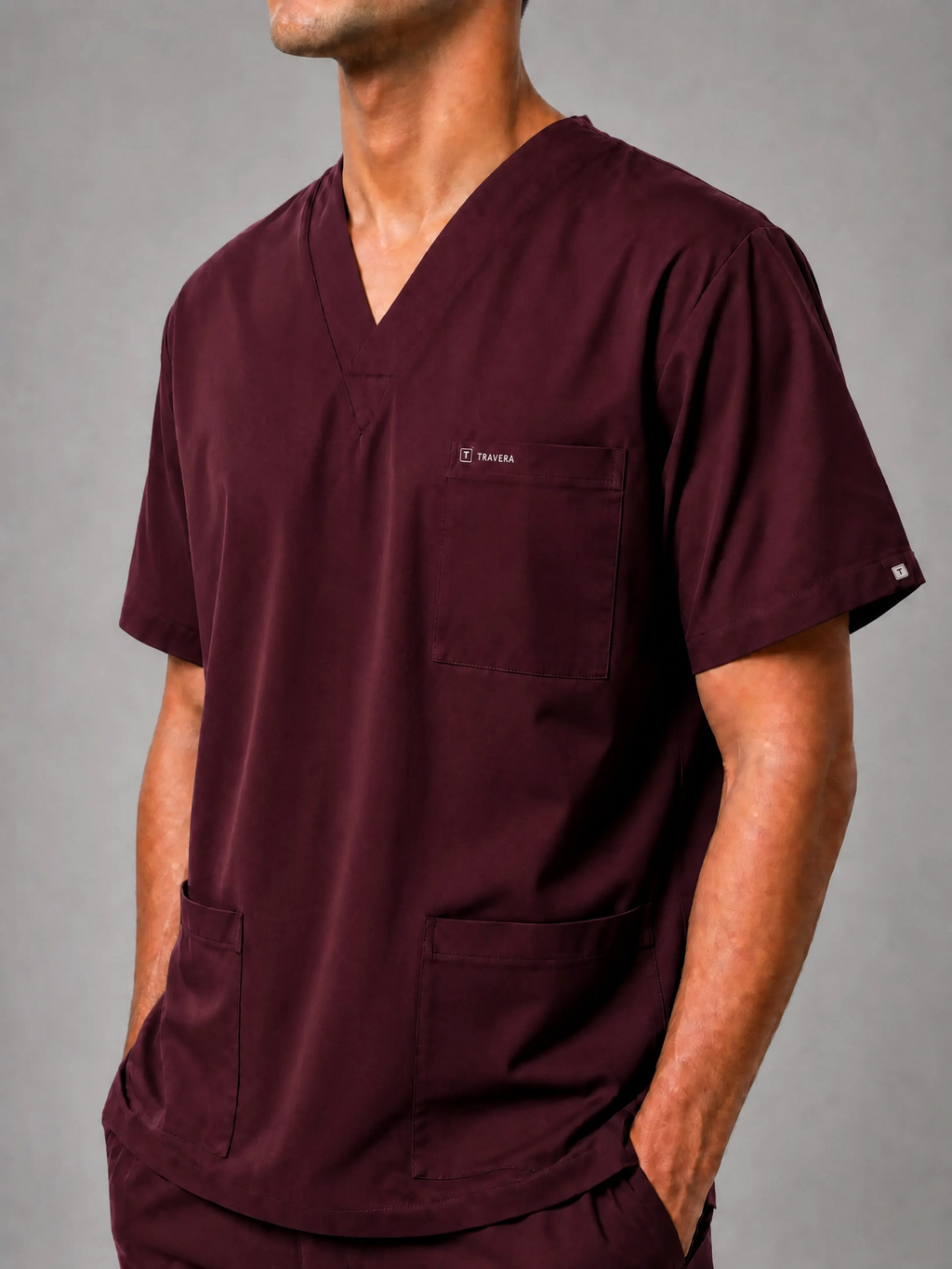 Burgundy Cotton-Linen V-Neck
